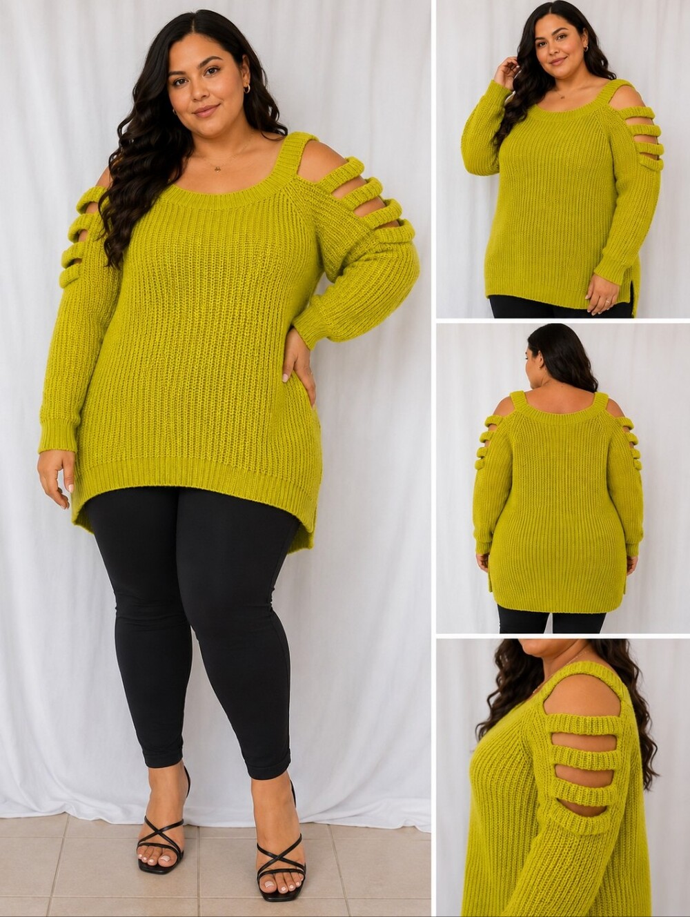 Questions 2X Lime Green Cold Shoulder Ruffle Knit Sweater